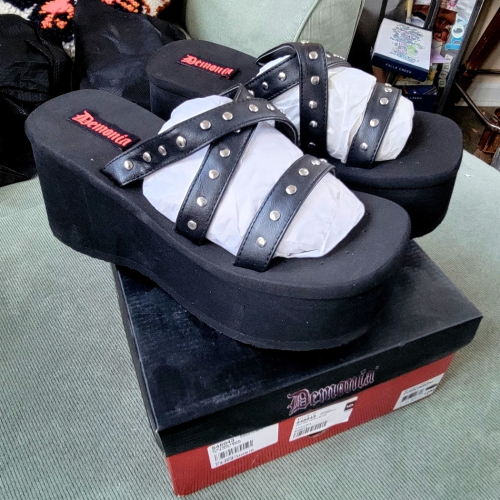 Demonia Black Platform Studded Sandals Size 10